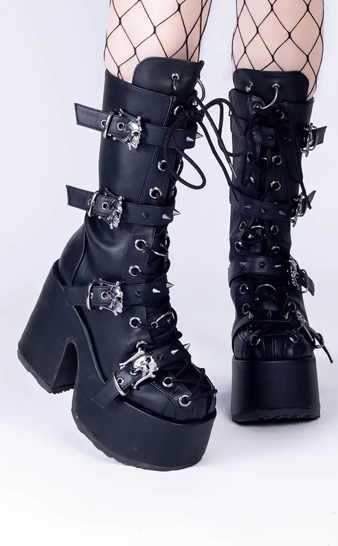 CAMEL-115 Black Matte Mid-Calf Boots-Demonia-Tragic Beautiful