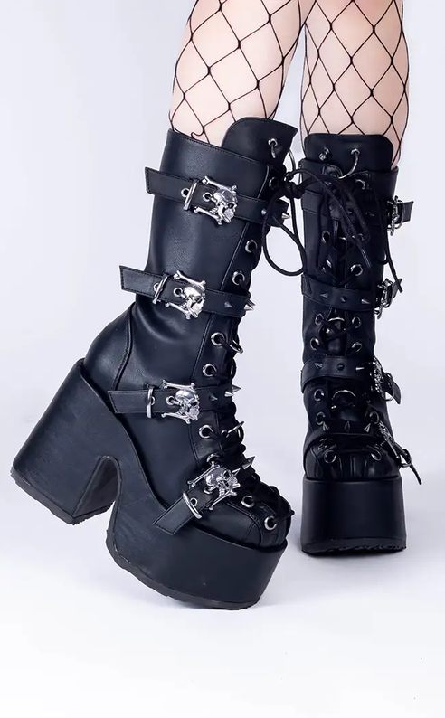 CAMEL-115 Black Matte Mid-Calf Boots-Demonia-Tragic Beautiful