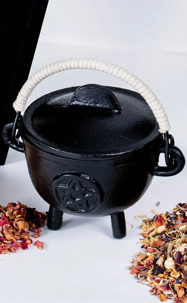 Cast Iron Pentagram Cauldron with Rope Handle-Cauldrons-Tragic Beautiful