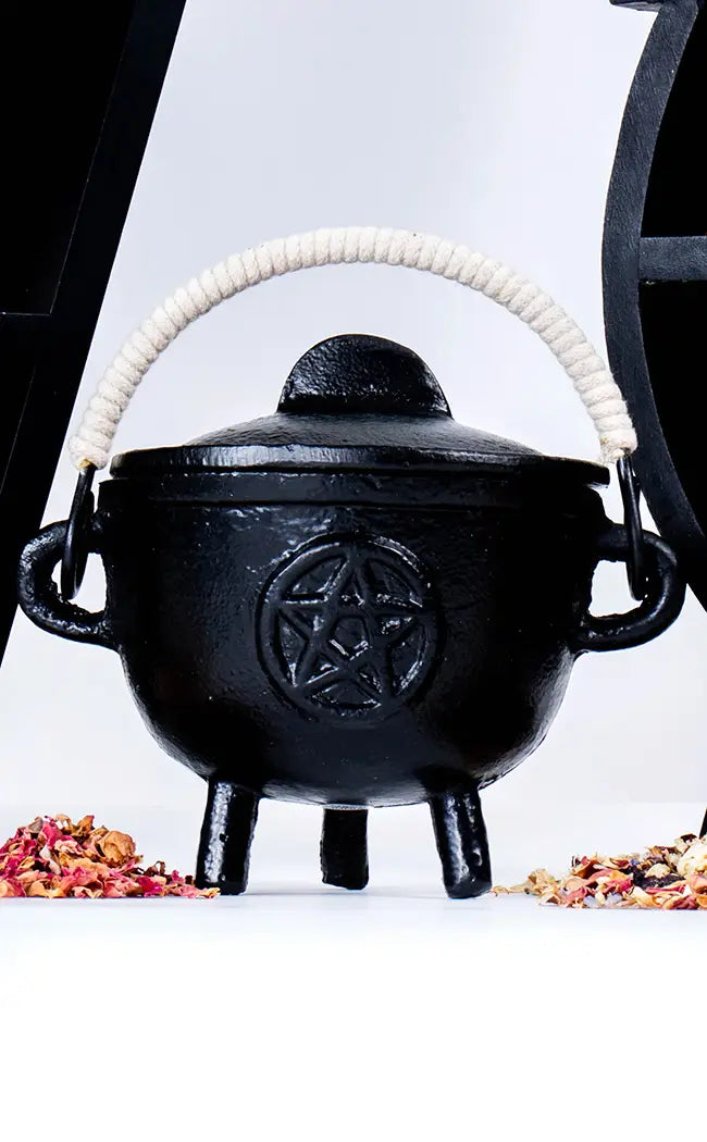 Cast Iron Pentagram Cauldron with Rope Handle-Cauldrons-Tragic Beautiful