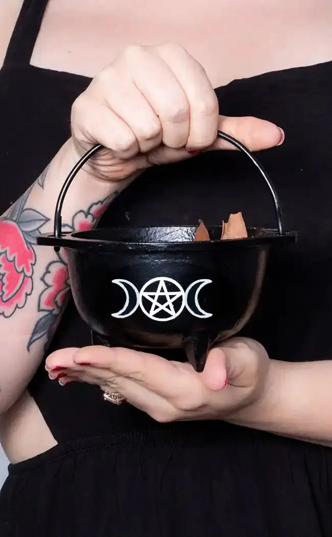 Cast Iron Tripod Cauldron | Triple Moon Pentacle-Cauldrons-Tragic Beautiful