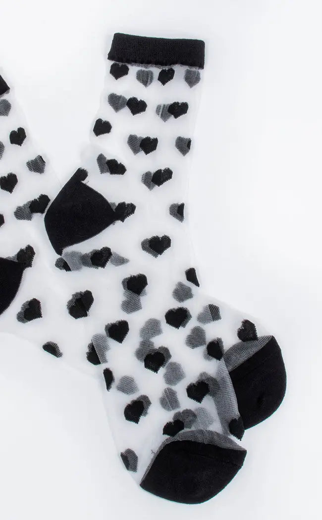 Corazon Sheer Crew Socks-Cold Black Heart-Tragic Beautiful