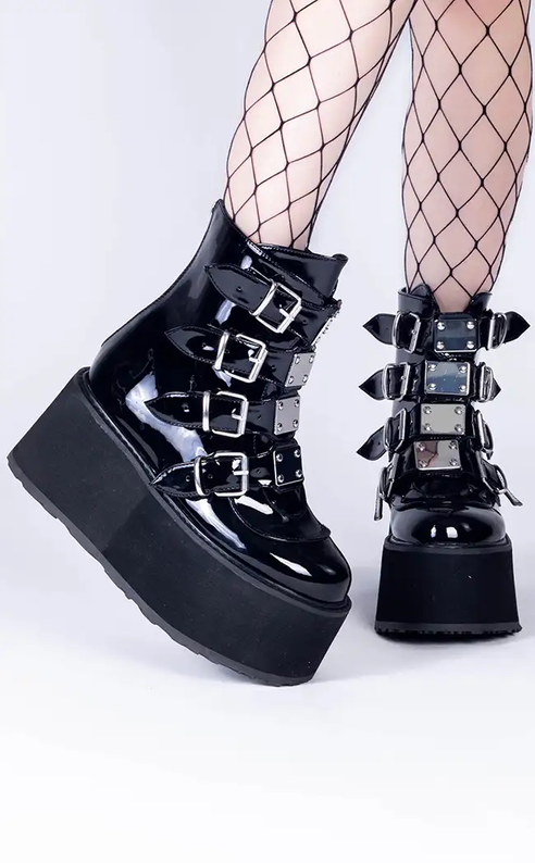 DAMNED-105 Black Patent Flatform Ankle Boots-Demonia-Tragic Beautiful