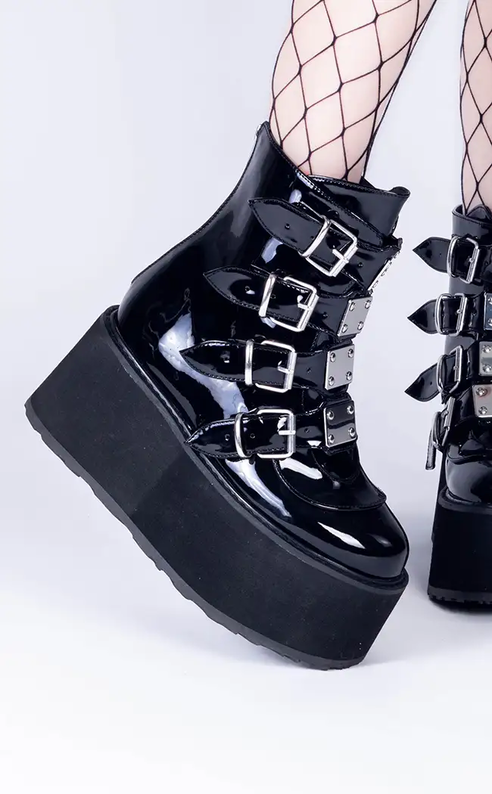 DAMNED-105 Black Patent Flatform Ankle Boots-Demonia-Tragic Beautiful