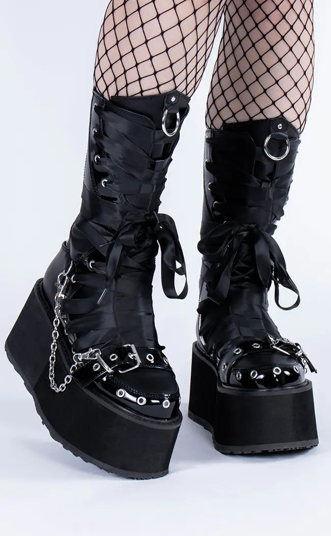 DAMNED-120 Black Vegan Leather Patent Boots-Demonia-Tragic Beautiful