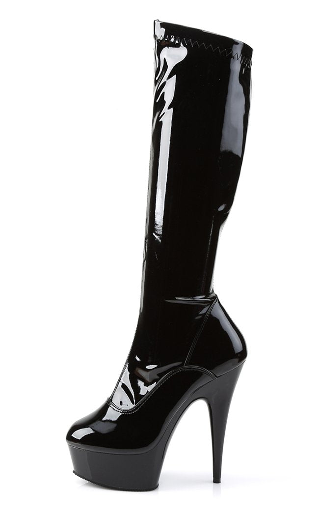 DELIGHT-2000 Blk Str Pat/Blk Knee High Boots-Pleaser-Tragic Beautiful