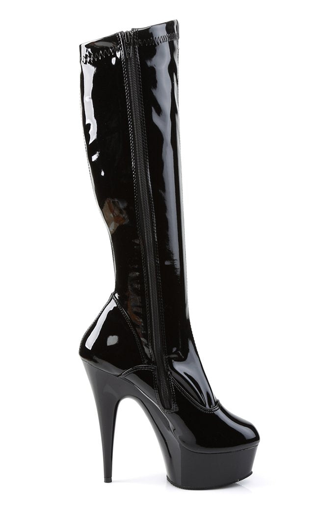 DELIGHT-2000 Blk Str Pat/Blk Knee High Boots-Pleaser-Tragic Beautiful