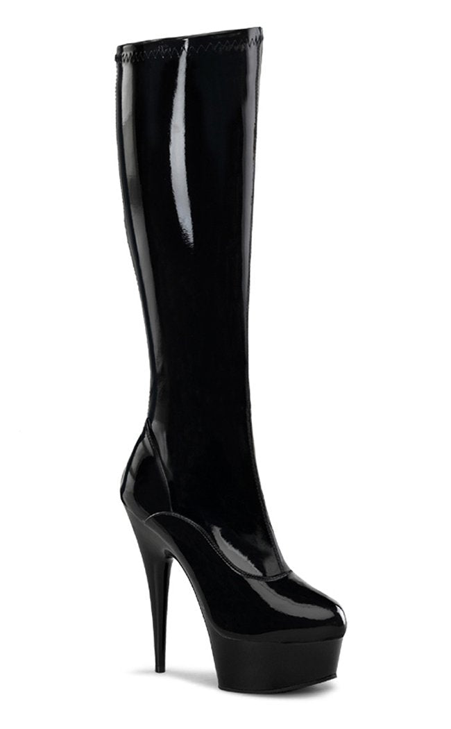 DELIGHT-2000 Blk Str Pat/Blk Knee High Boots-Pleaser-Tragic Beautiful