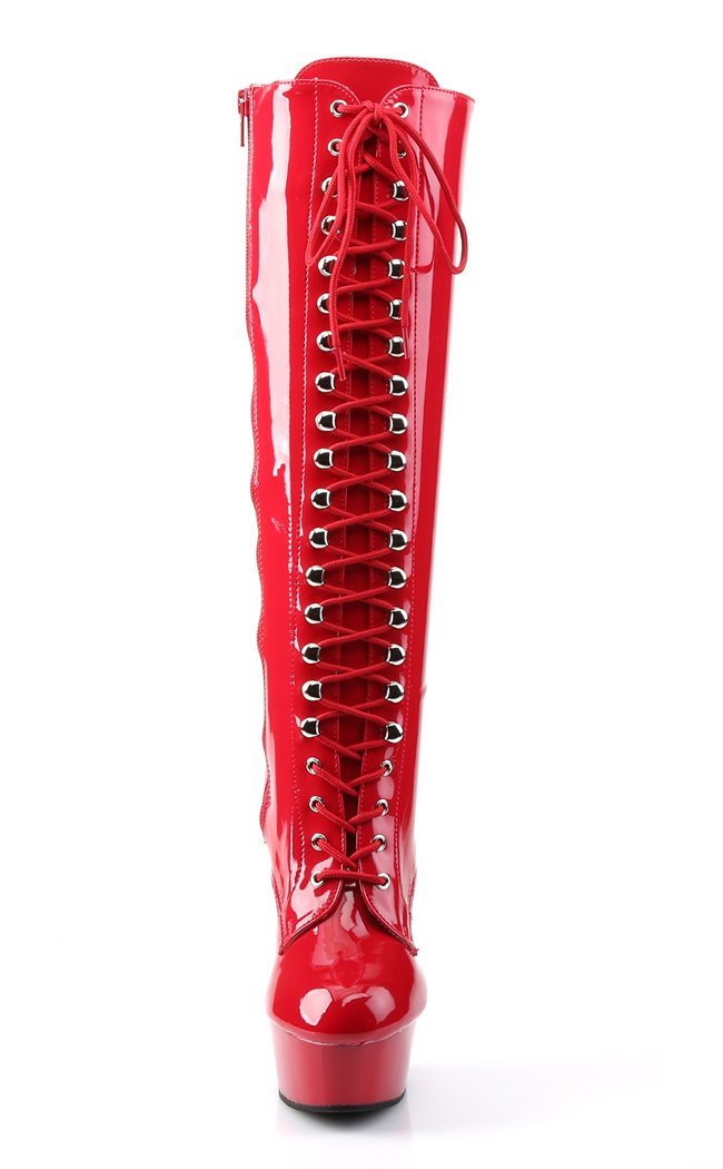 DELIGHT-2023 Red Str Pat/Red Knee High Boots-Pleaser-Tragic Beautiful