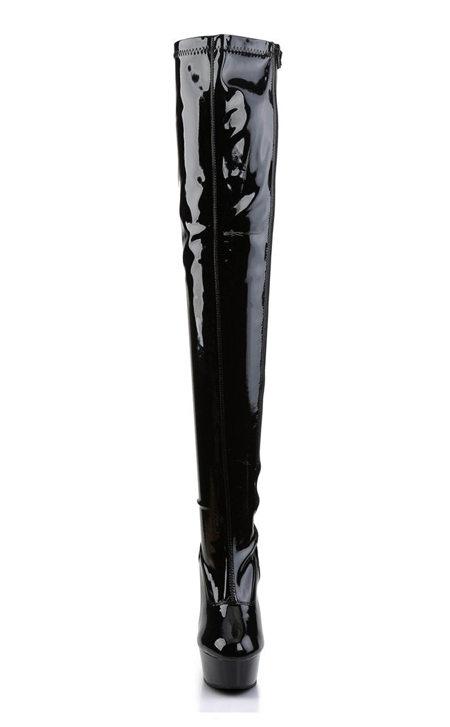 DELIGHT-3000 Blk Str Pat/Blk Thigh High Boots-Pleaser-Tragic Beautiful