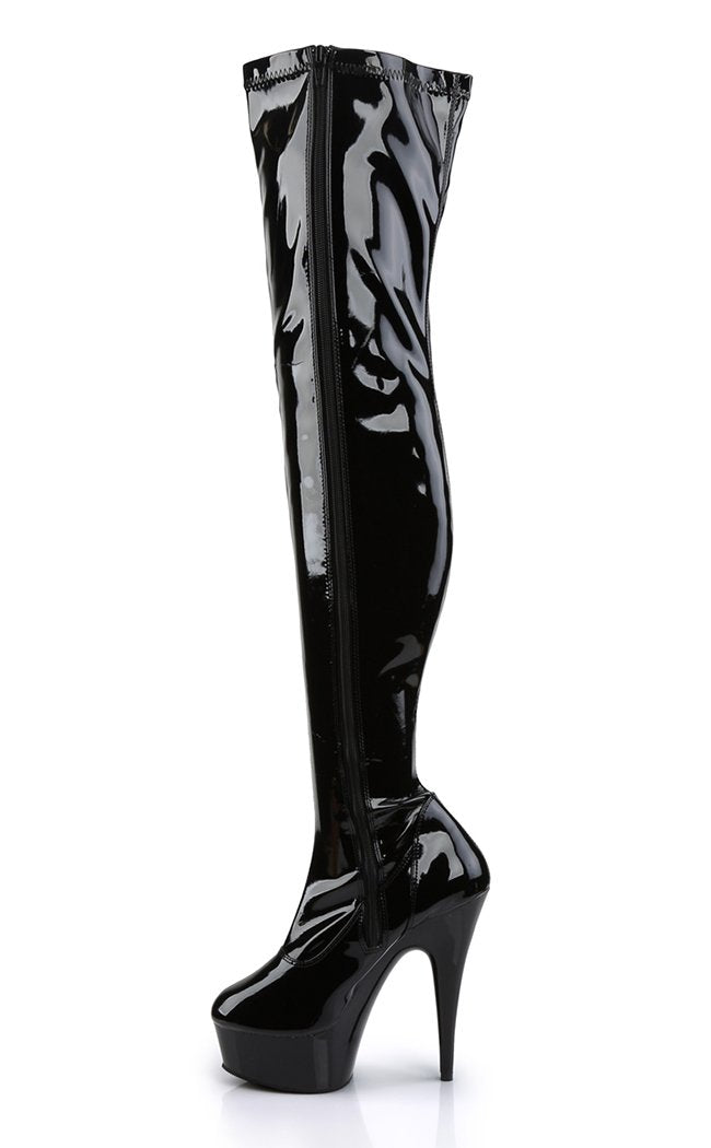 DELIGHT-3000 Blk Str Pat/Blk Thigh High Boots-Pleaser-Tragic Beautiful