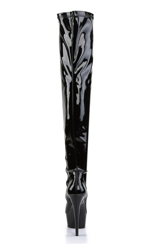 DELIGHT-3000 Blk Str Pat/Blk Thigh High Boots-Pleaser-Tragic Beautiful