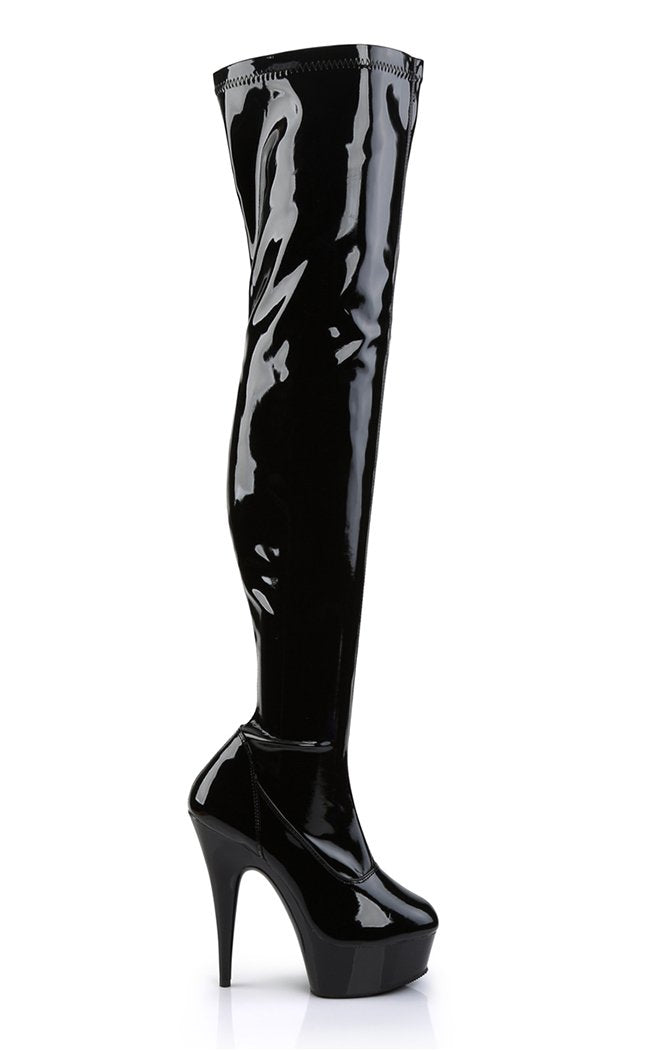 DELIGHT-3000 Blk Str Pat/Blk Thigh High Boots-Pleaser-Tragic Beautiful