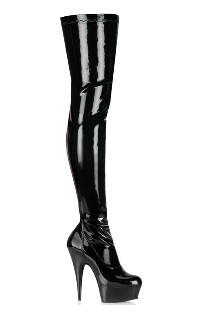 DELIGHT-3000 Blk Str Pat/Blk Thigh High Boots-Pleaser-Tragic Beautiful