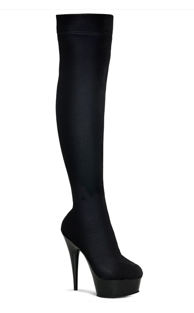 DELIGHT-3002 Blk Str Velvet/Blk Thigh High Boots-Pleaser-Tragic Beautiful