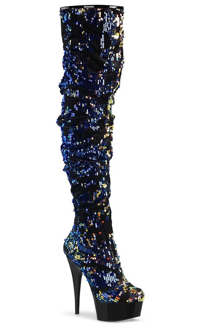 DELIGHT-3004 Blue Iridescent Sequins/ Silk Thigh High Boots-Pleaser-Tragic Beautiful