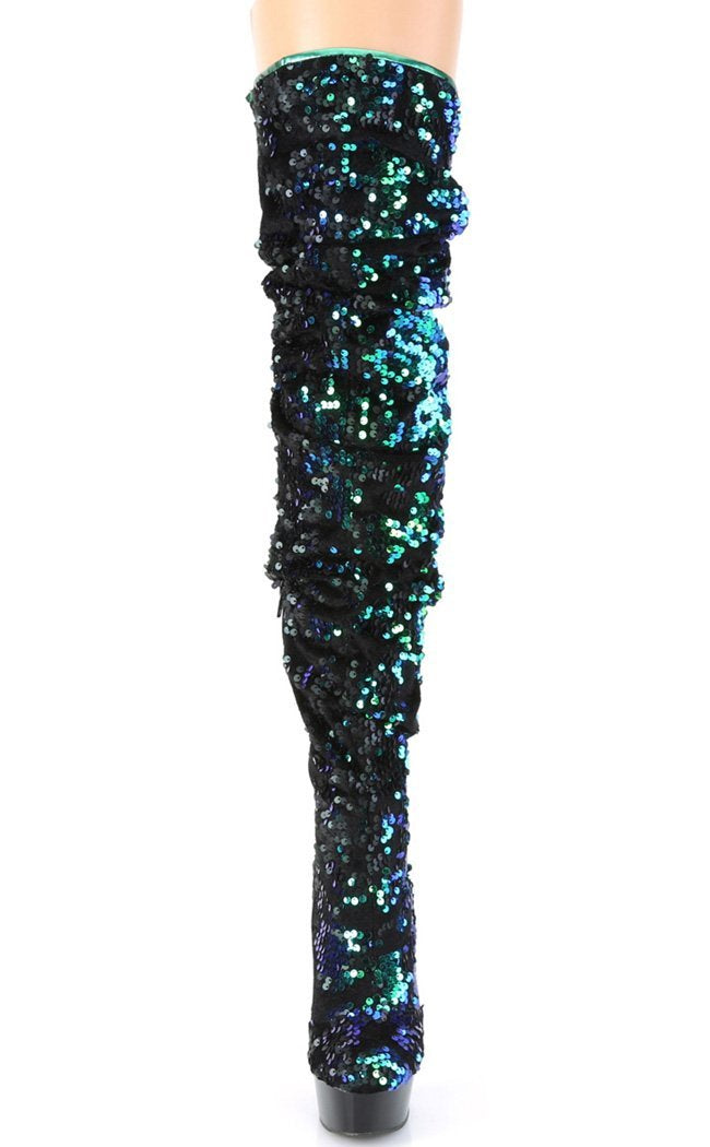 DELIGHT-3004 Green Iridescent Sequins/ Silk Thigh High Boots-Pleaser-Tragic Beautiful