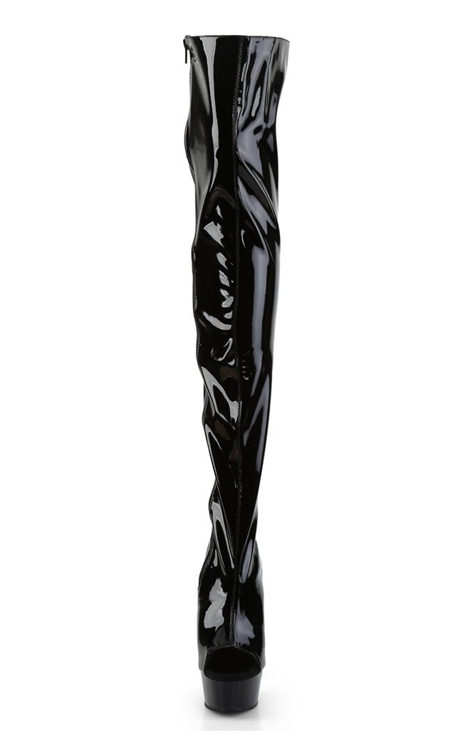 DELIGHT-3017 Blk Str Pat/Blk Thigh High Boots-Pleaser-Tragic Beautiful