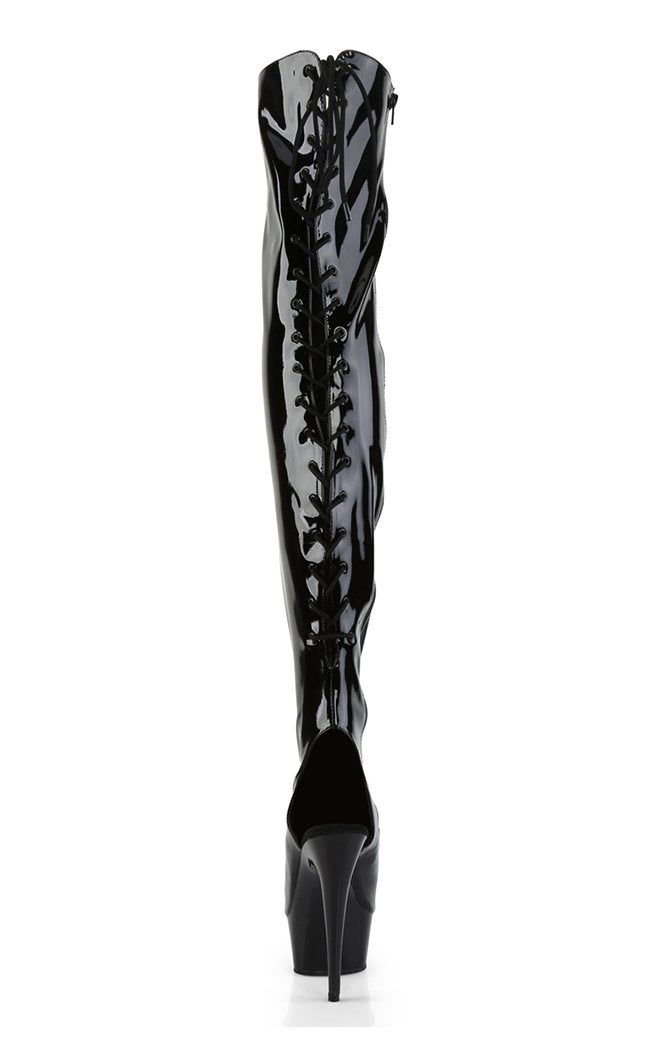 DELIGHT-3017 Blk Str Pat/Blk Thigh High Boots-Pleaser-Tragic Beautiful