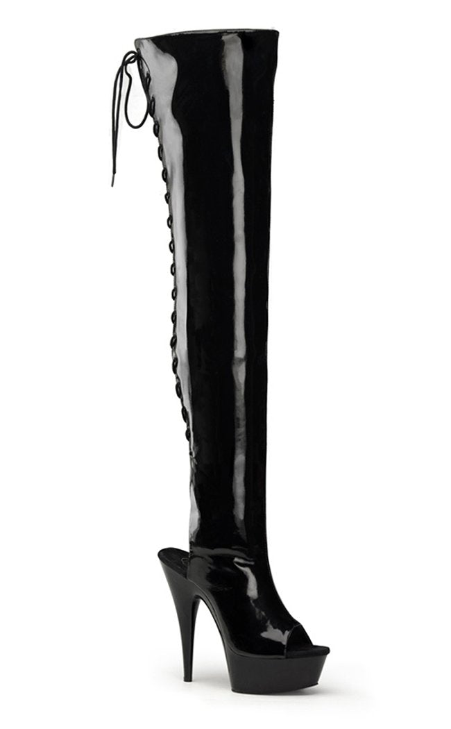 DELIGHT-3017 Blk Str Pat/Blk Thigh High Boots-Pleaser-Tragic Beautiful