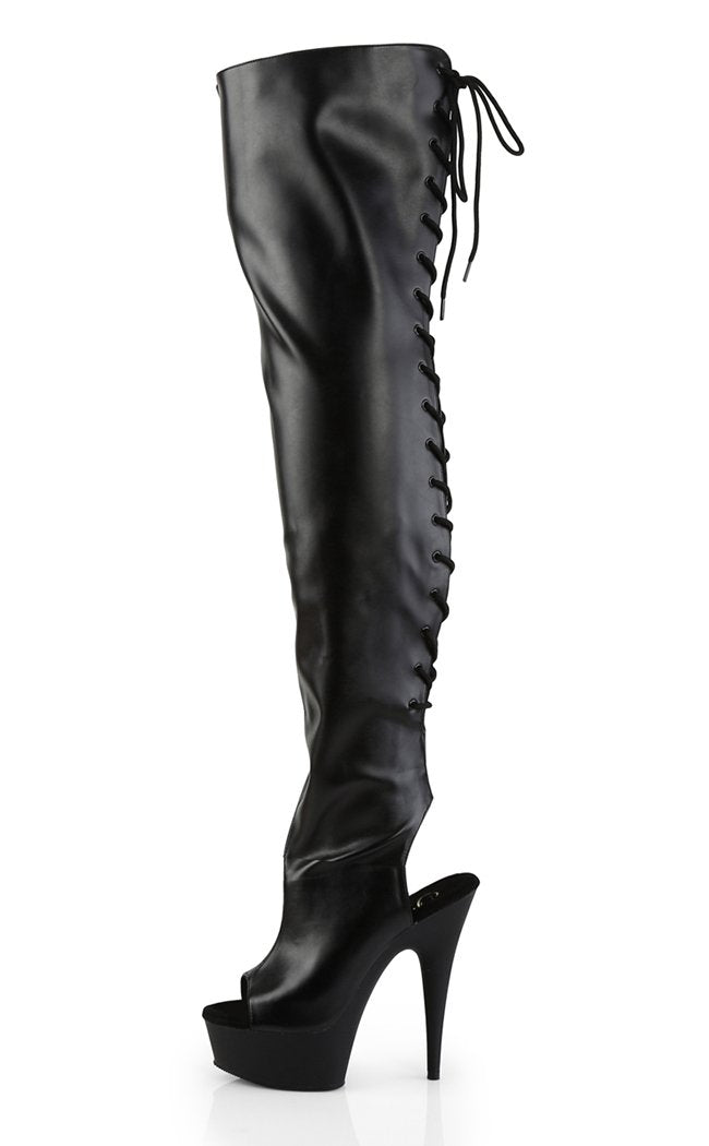 DELIGHT-3017 Blk Str Faux Leather/Blk Thigh High Boots-Pleaser-Tragic Beautiful