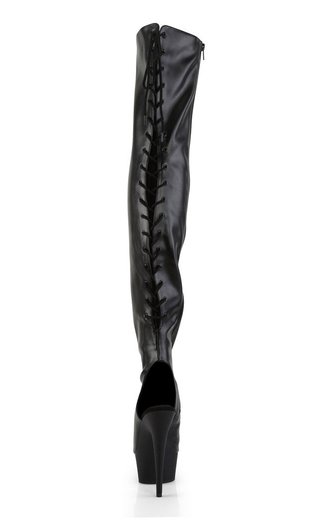 DELIGHT-3017 Blk Str Faux Leather/Blk Thigh High Boots-Pleaser-Tragic Beautiful