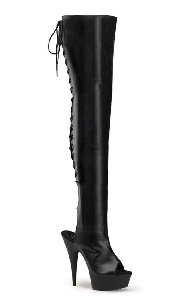 DELIGHT-3019 Black Faux Leather Thigh High Boots-Pleaser-Tragic Beautiful