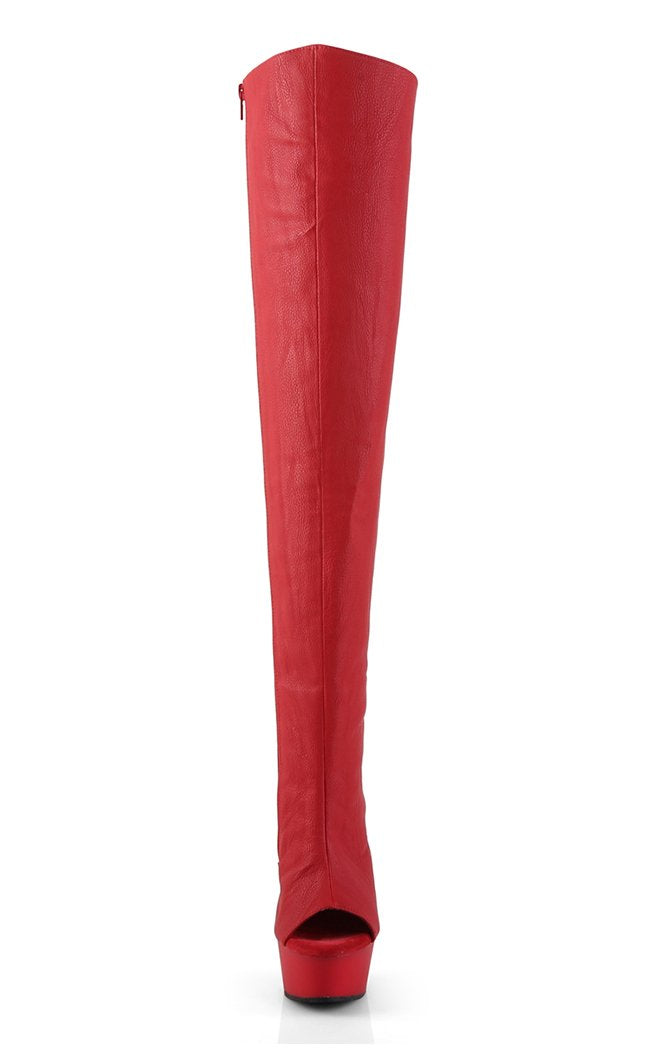 DELIGHT-3019 Red Faux Leather/Red Matte Thigh High Boots-Pleaser-Tragic Beautiful