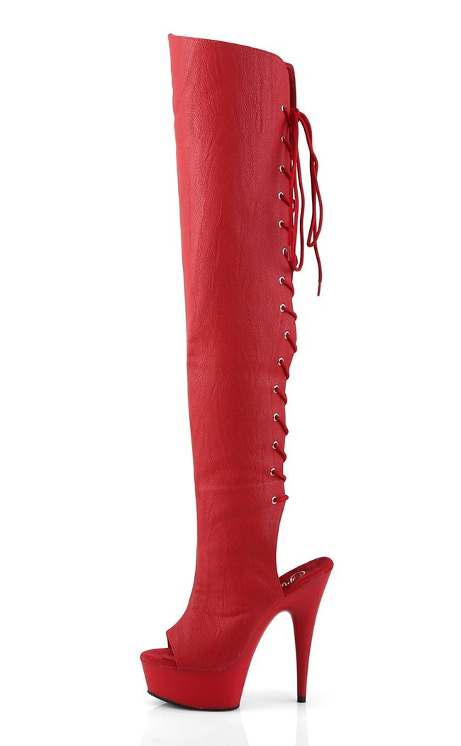 DELIGHT-3019 Red Faux Leather/Red Matte Thigh High Boots-Pleaser-Tragic Beautiful