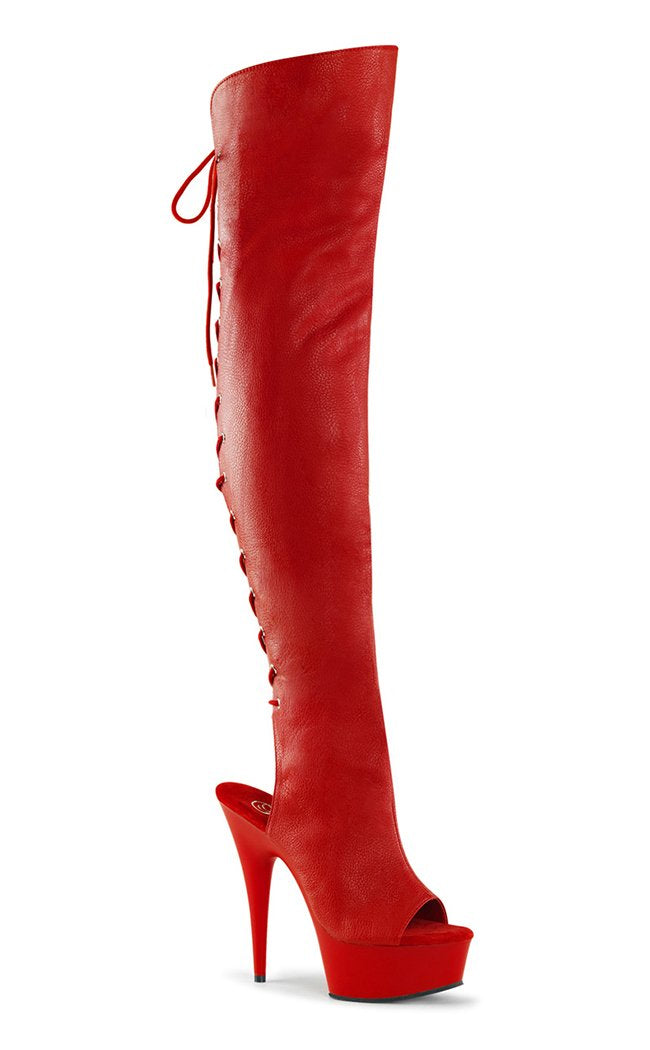 DELIGHT-3019 Red Faux Leather/Red Matte Thigh High Boots-Pleaser-Tragic Beautiful