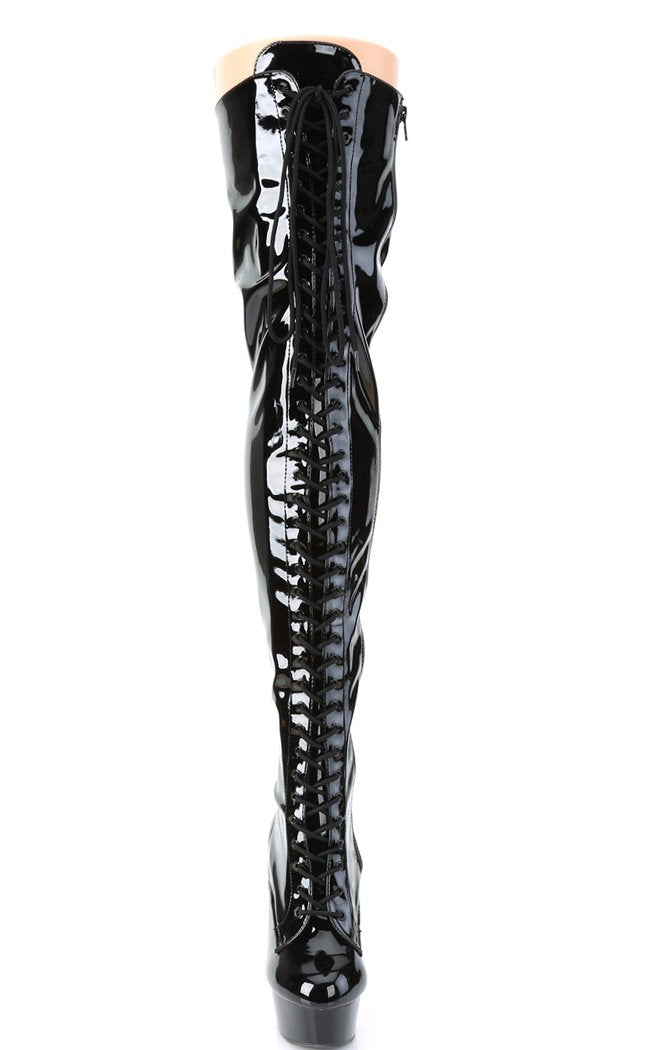 DELIGHT-3023 Blk Str Pat/Blk Thigh High Boots-Pleaser-Tragic Beautiful