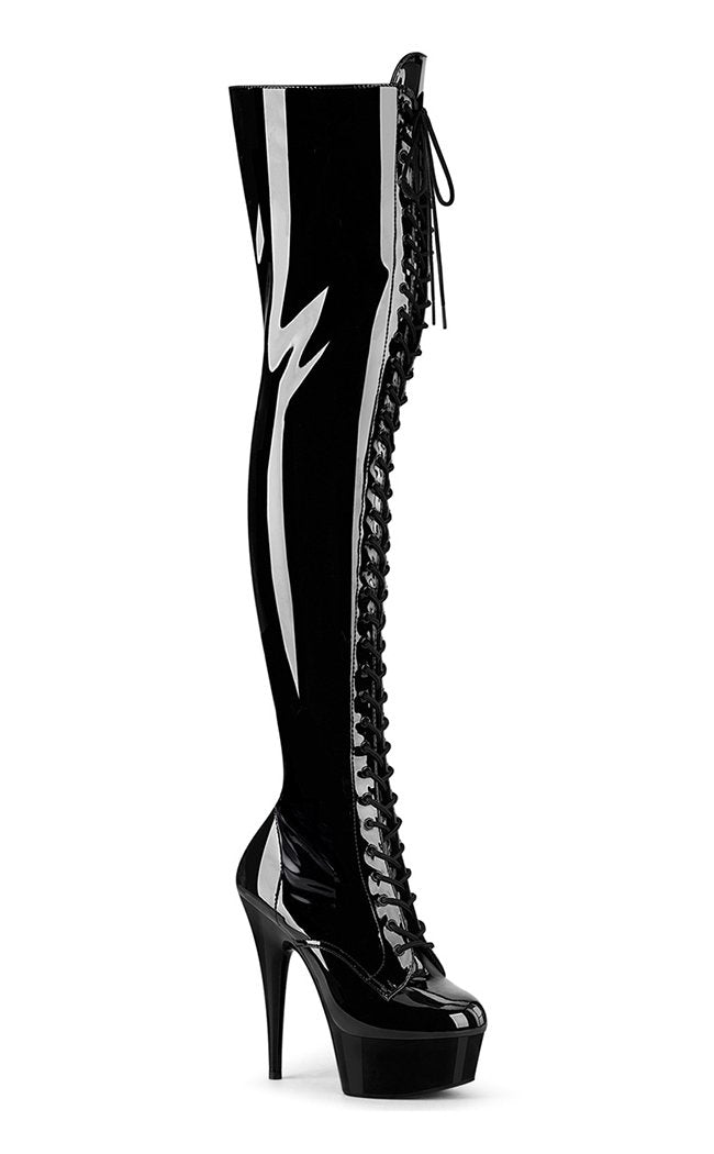 DELIGHT-3023 Blk Str Pat/Blk Thigh High Boots-Pleaser-Tragic Beautiful