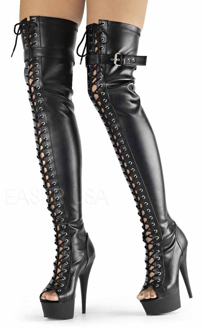 DELIGHT-3025 Black / Black Matte Thigh High Boots-Pleaser-Tragic Beautiful