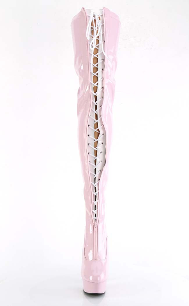 DELIGHT-3027 Baby Pink/White Patent Thigh High Boots-Pleaser-Tragic Beautiful