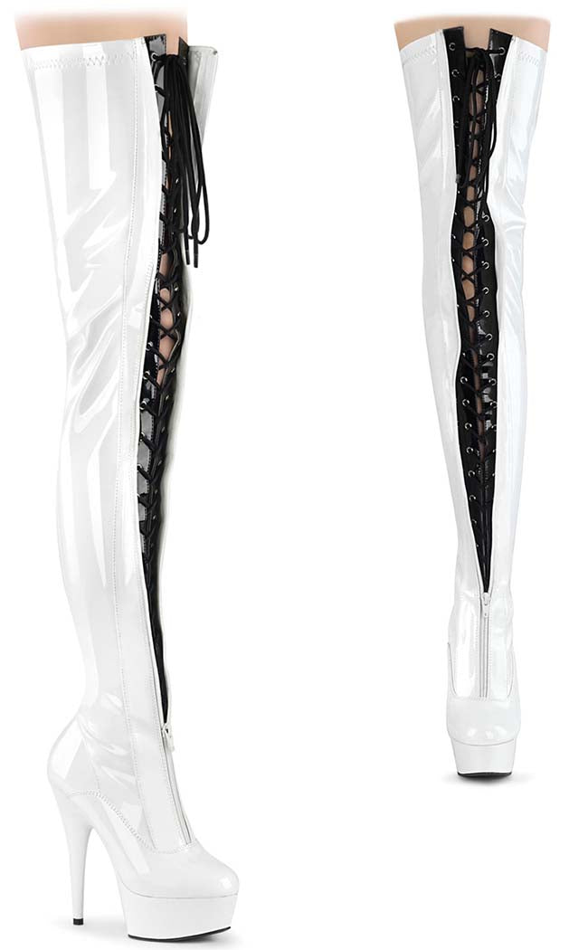 DELIGHT-3027 White/Black Patent Thigh High Boots-Pleaser-Tragic Beautiful