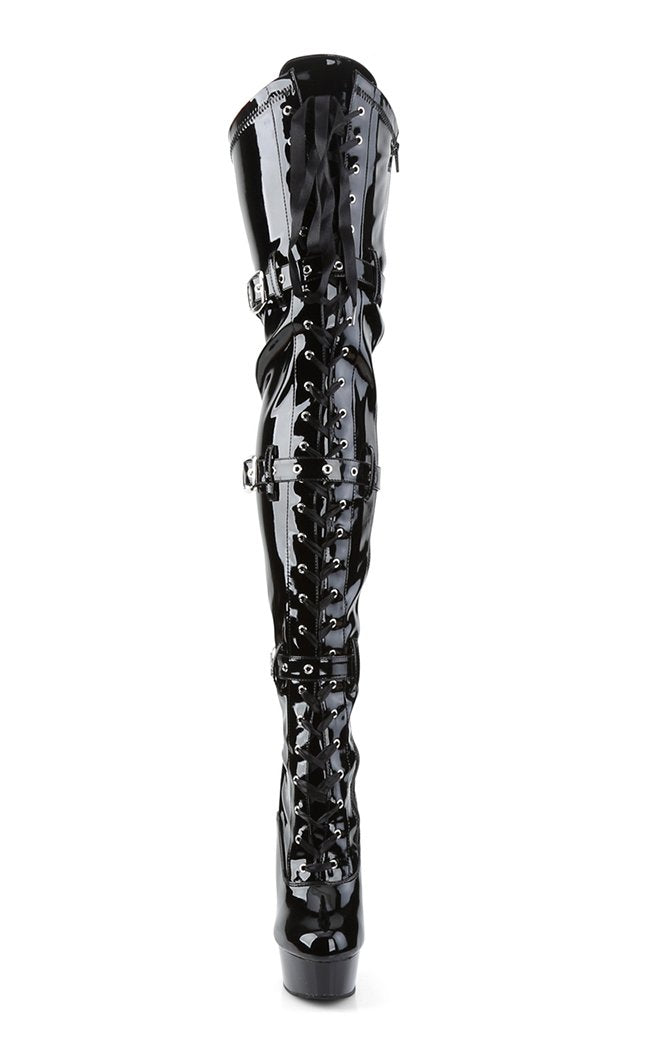 DELIGHT-3028 Blk Str Pat/Blk Thigh High Boots-Pleaser-Tragic Beautiful