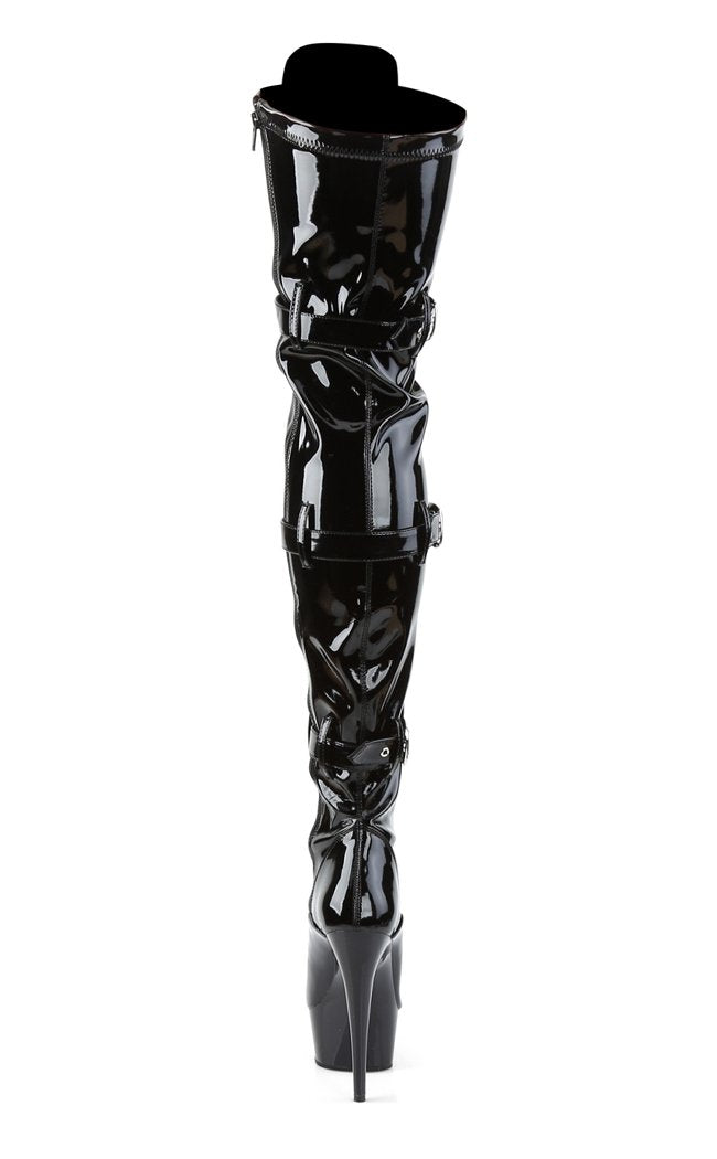 DELIGHT-3028 Blk Str Pat/Blk Thigh High Boots-Pleaser-Tragic Beautiful