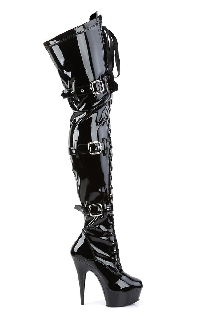 DELIGHT-3028 Blk Str Pat/Blk Thigh High Boots-Pleaser-Tragic Beautiful