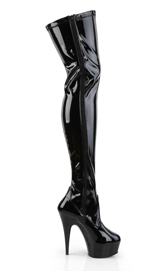 DELIGHT-3050 Blk Str Pat/Blk Thigh High Boots-Pleaser-Tragic Beautiful