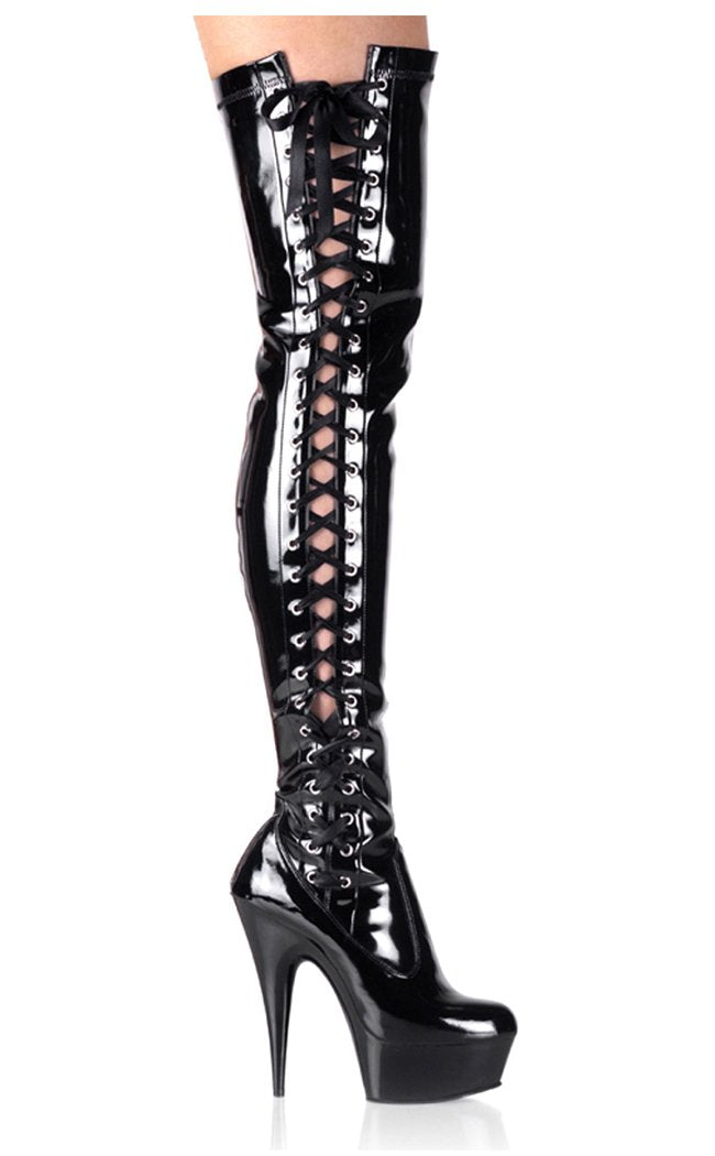 DELIGHT-3050 Blk Str Pat/Blk Thigh High Boots-Pleaser-Tragic Beautiful