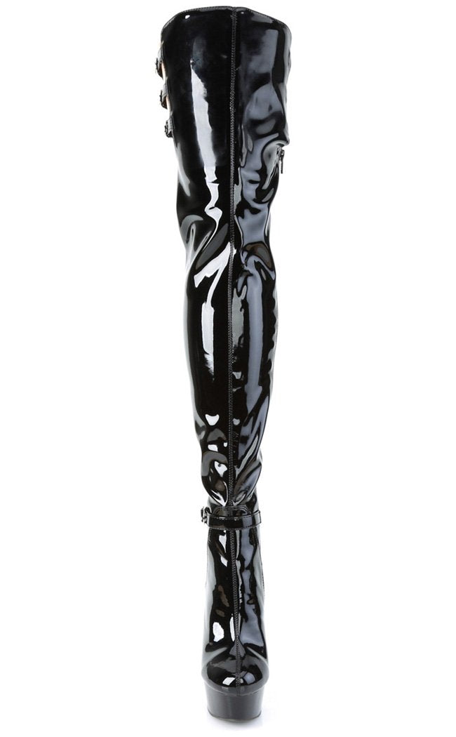 DELIGHT-3055 Black Stretch Patent Thigh High Boots-Pleaser-Tragic Beautiful