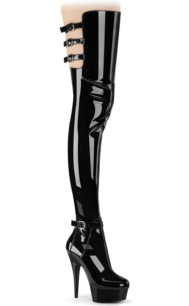 DELIGHT-3055 Black Stretch Patent Thigh High Boots-Pleaser-Tragic Beautiful