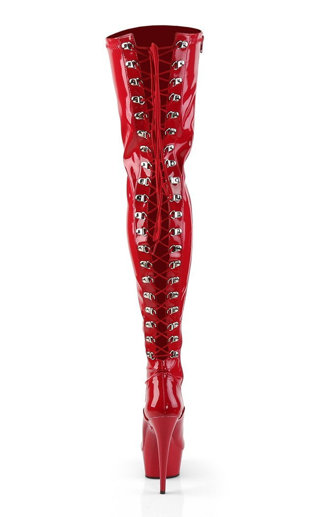 DELIGHT-3063 Red Str Pat/Red Thigh High Boots-Pleaser-Tragic Beautiful