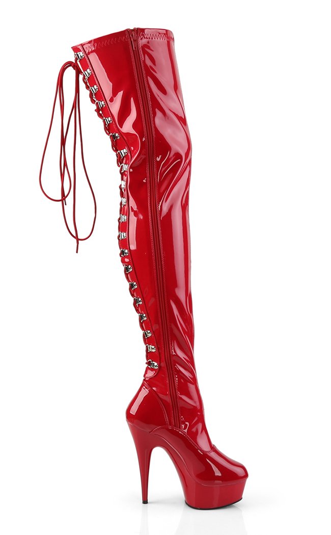 DELIGHT-3063 Red Str Pat/Red Thigh High Boots-Pleaser-Tragic Beautiful