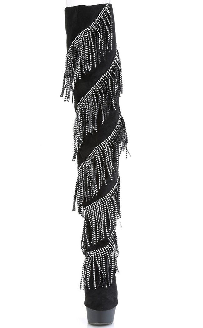 DELIGHT-3065 Black Faux Suede/ Silver Trim Thigh High Boots-Pleaser-Tragic Beautiful