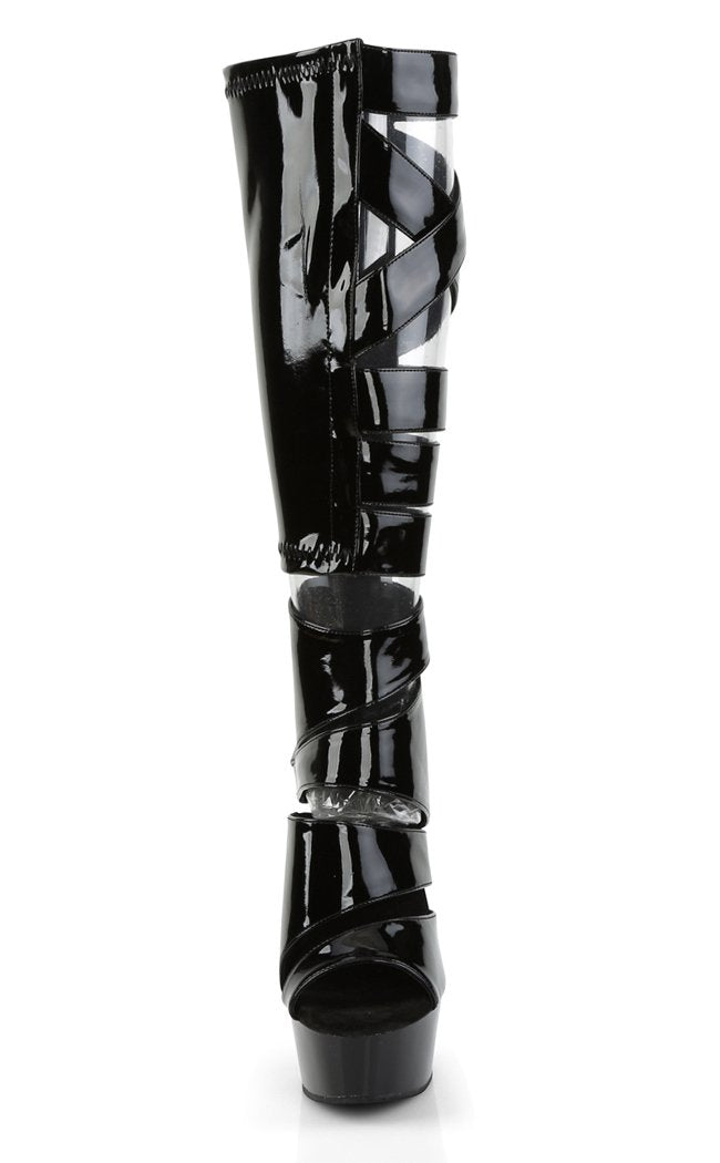 DELIGHT-600-49 Blk Str Pat/Blk Knee High Boots-Pleaser-Tragic Beautiful