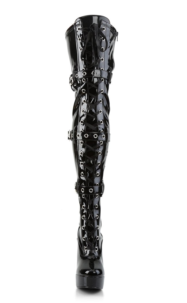 ELECTRA-3028 Black Shiny Buckled Thigh High Boots-Pleaser-Tragic Beautiful