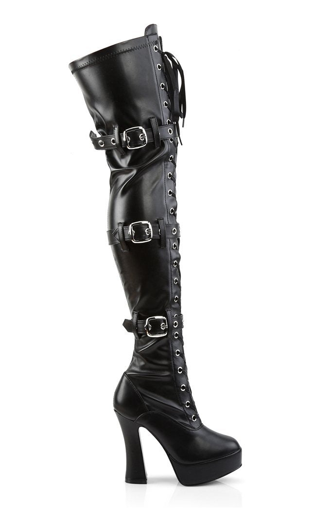 ELECTRA-3028 Black Strapped Thigh High Boots-Pleaser-Tragic Beautiful