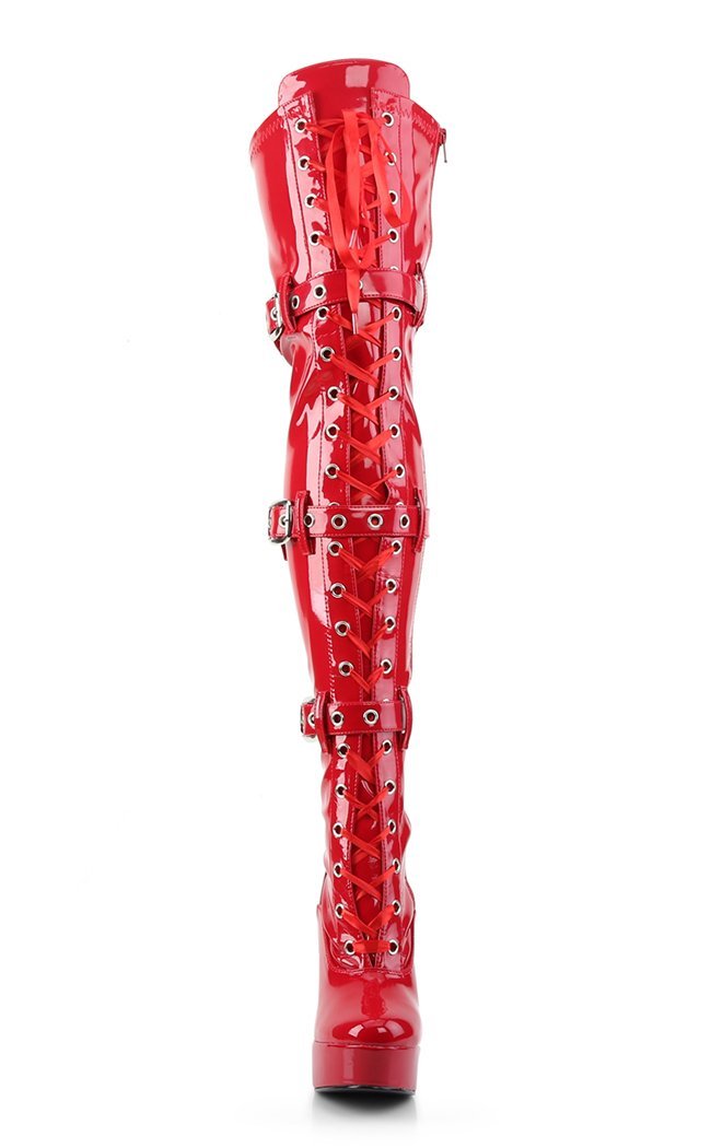 ELECTRA-3028 Red Buckled Thigh High Boots-Pleaser-Tragic Beautiful