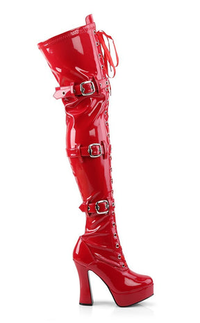 ELECTRA-3028 Red Buckled Thigh High Boots-Pleaser-Tragic Beautiful